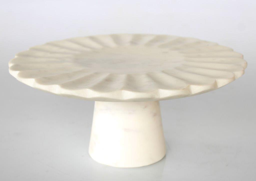 White Marble Cake Stand Scalloped Edge